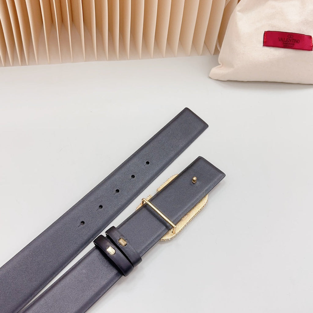 Vlogo Brown Black White Stone Gold Buckle Belt 40mm Black Leather