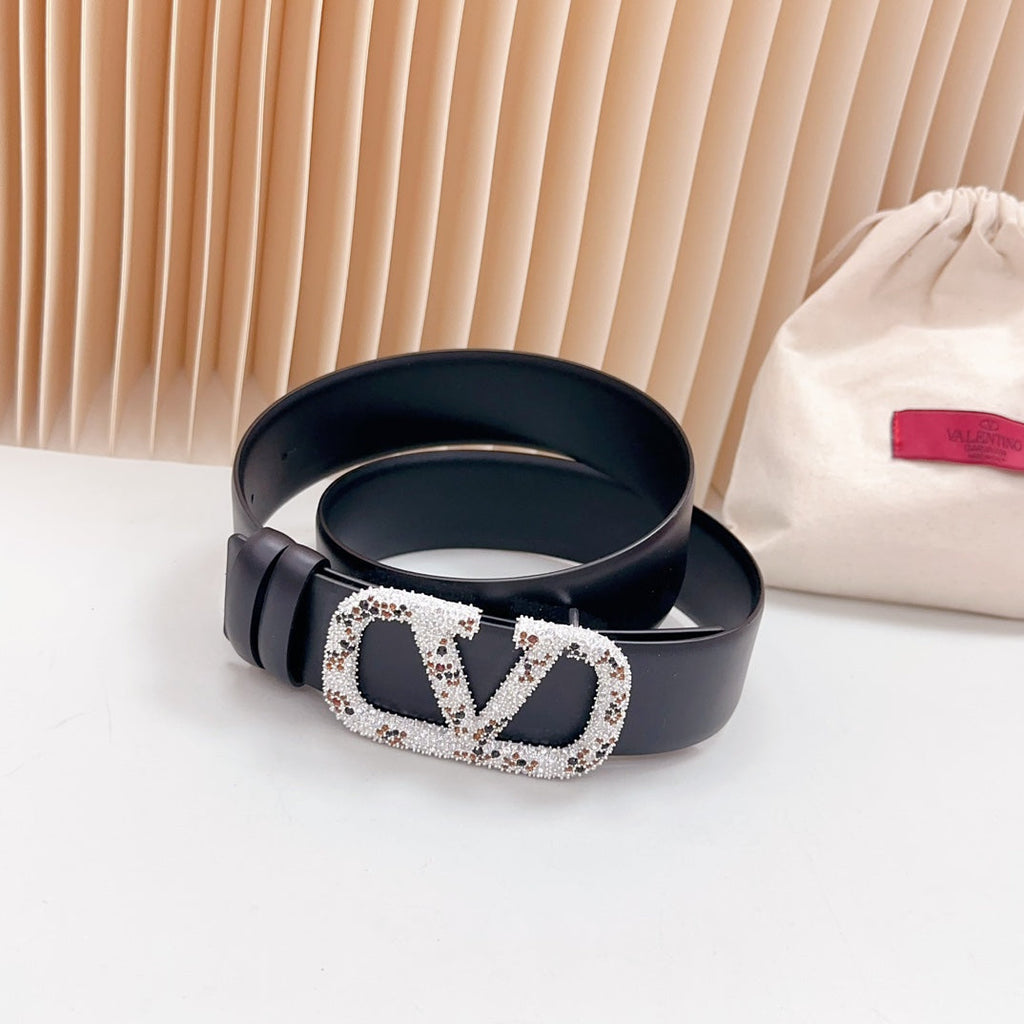 Vlogo Brown Black White Stone Silver Buckle Belt 40mm Black Leather