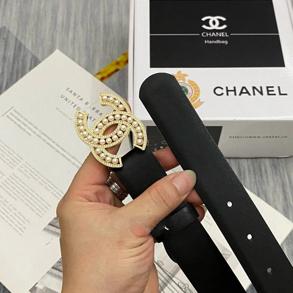 CC Women's Belt 3.0CM Black Cowhide Gold Pearl Buckle 586521