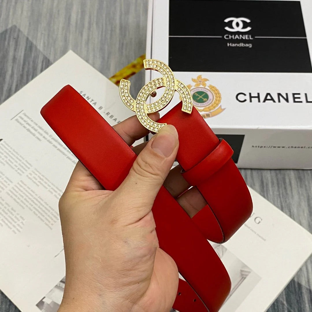 CC Women's Belt 3.0CM Red Cowhide Gold Buckle 586517