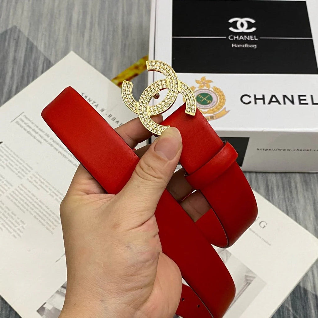 CC Women's Belt 3.0CM Red Cowhide Gold Buckle 586517