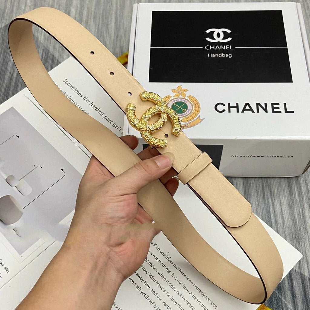 CC Women's Belt 3.0CM Beige Cowhide Gold Buckle 586526