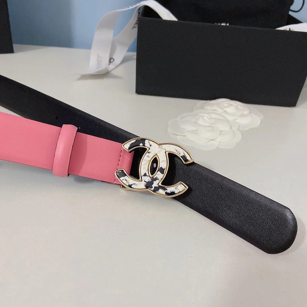 CC Women's Belt 3.0CM Pink Calfskin White Black Buckle 597642