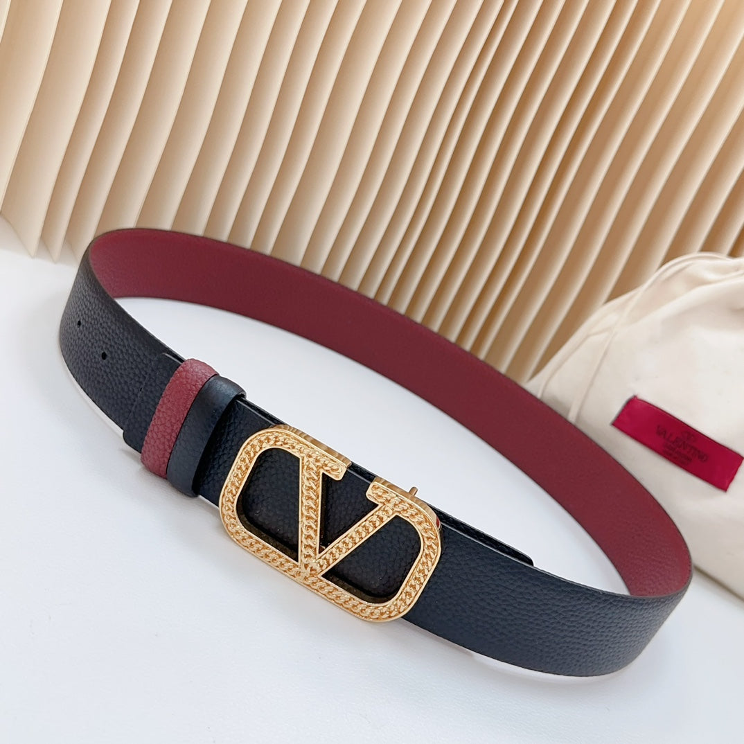 Vlogo Buckle Water Wave Gold Copper Glossy Wine Black Leather 40mm