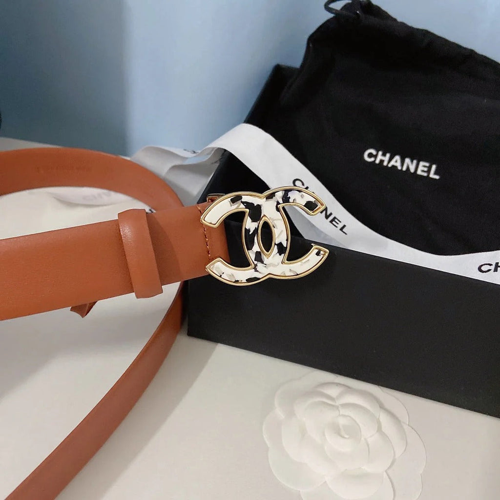 CC Women's Belt 3.0CM Brown Calfskin White Black Buckle 597643