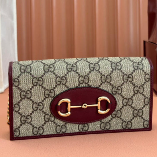 Gucci Horsebit 1995 Chain Wallet Beige mix Rosso Ancora red Canvas 244278