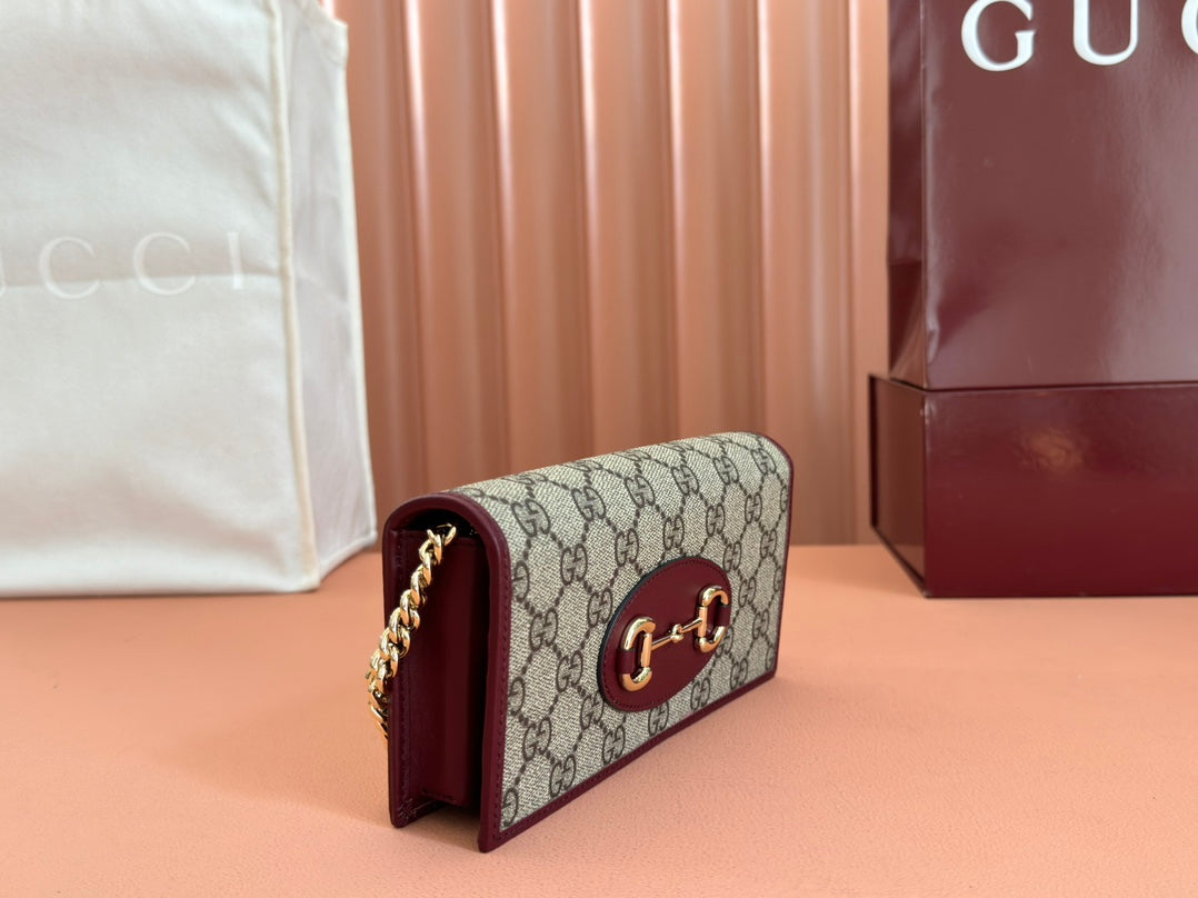 Gucci Horsebit 1995 Chain Wallet Beige mix Rosso Ancora red Canvas 244278