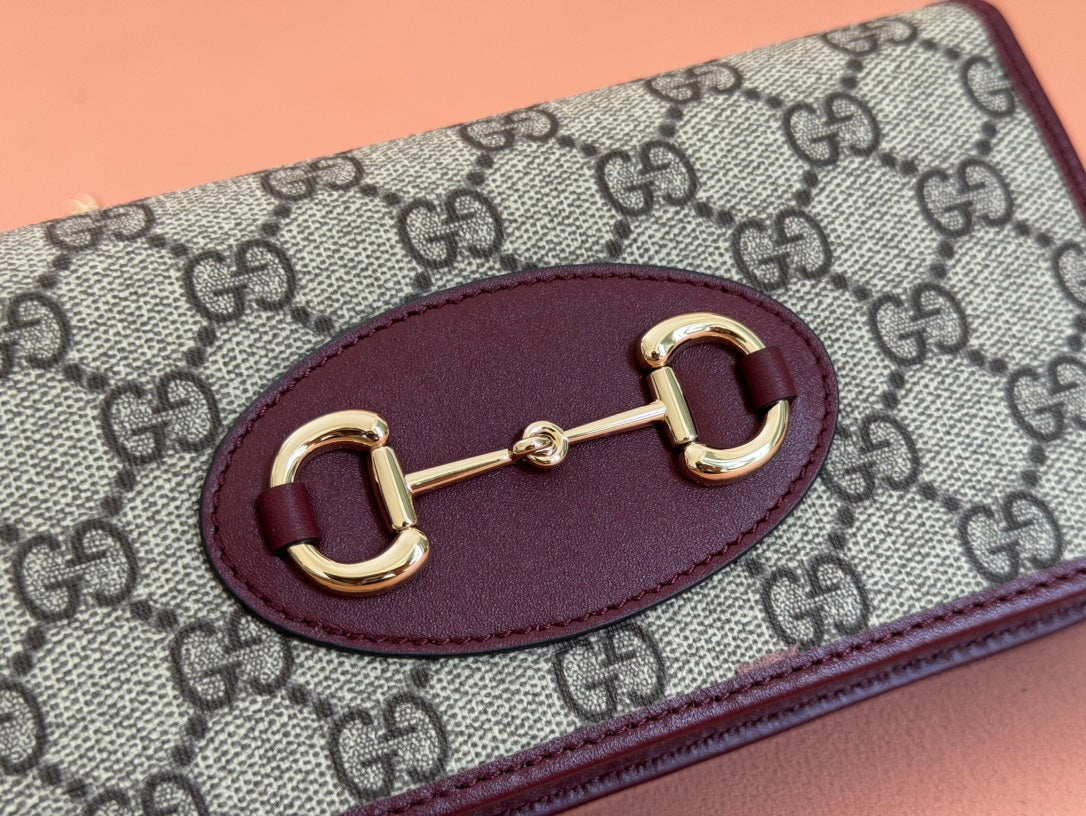 Gucci Horsebit 1995 Chain Wallet Beige mix Rosso Ancora red Canvas 244278