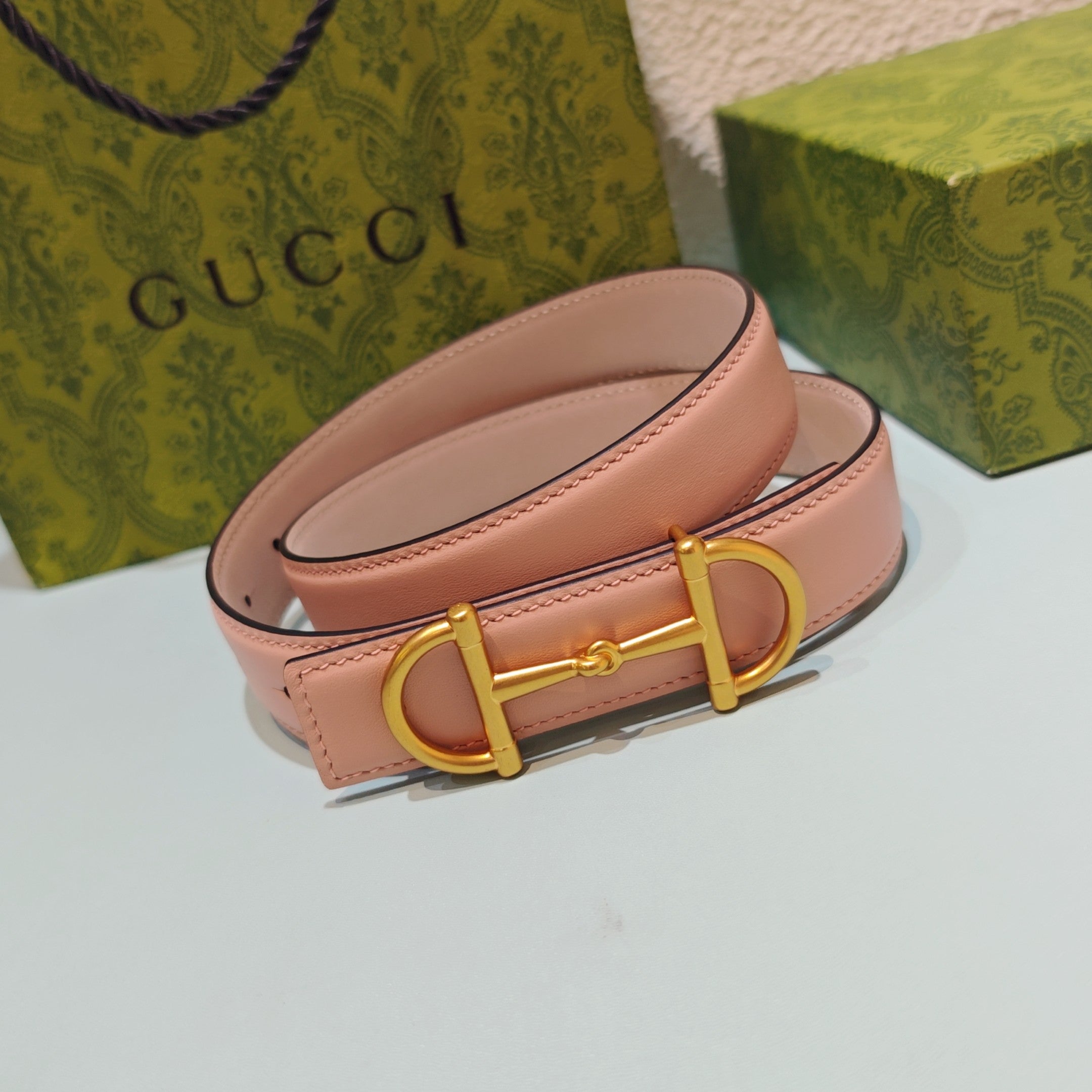 GG 3.0 Horsebit-Detailed Belt Pink Gold Smooth Leather 200192
