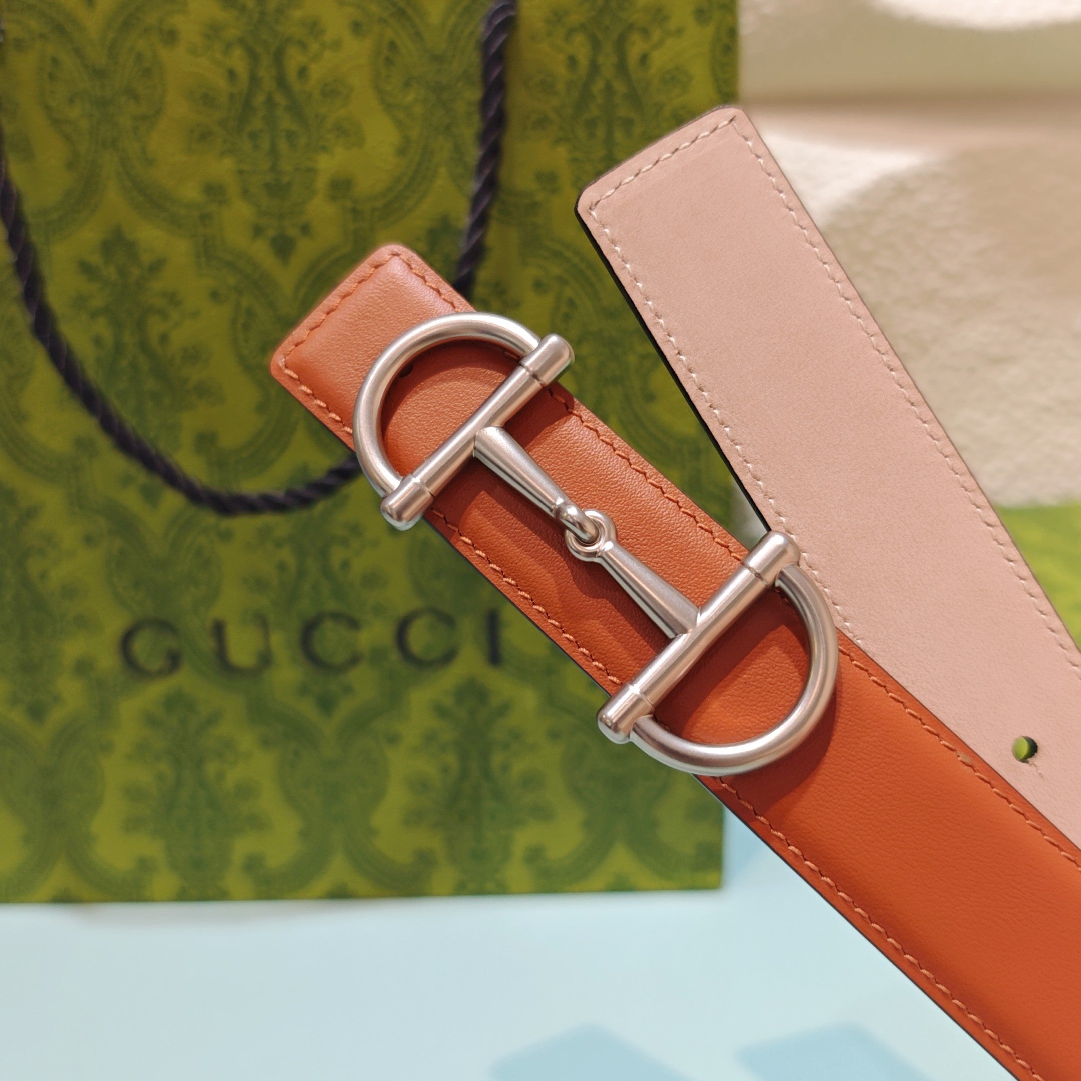 GG 3.0 Horsebit-Detailed Belt Red-Brown Sliver Smooth Leather 200191