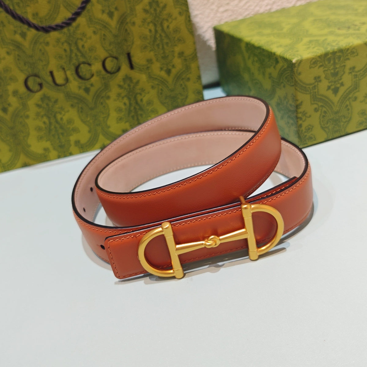 GG 3.0 Horsebit-Detailed Belt Red-Brown Gold Smooth Leather 200190