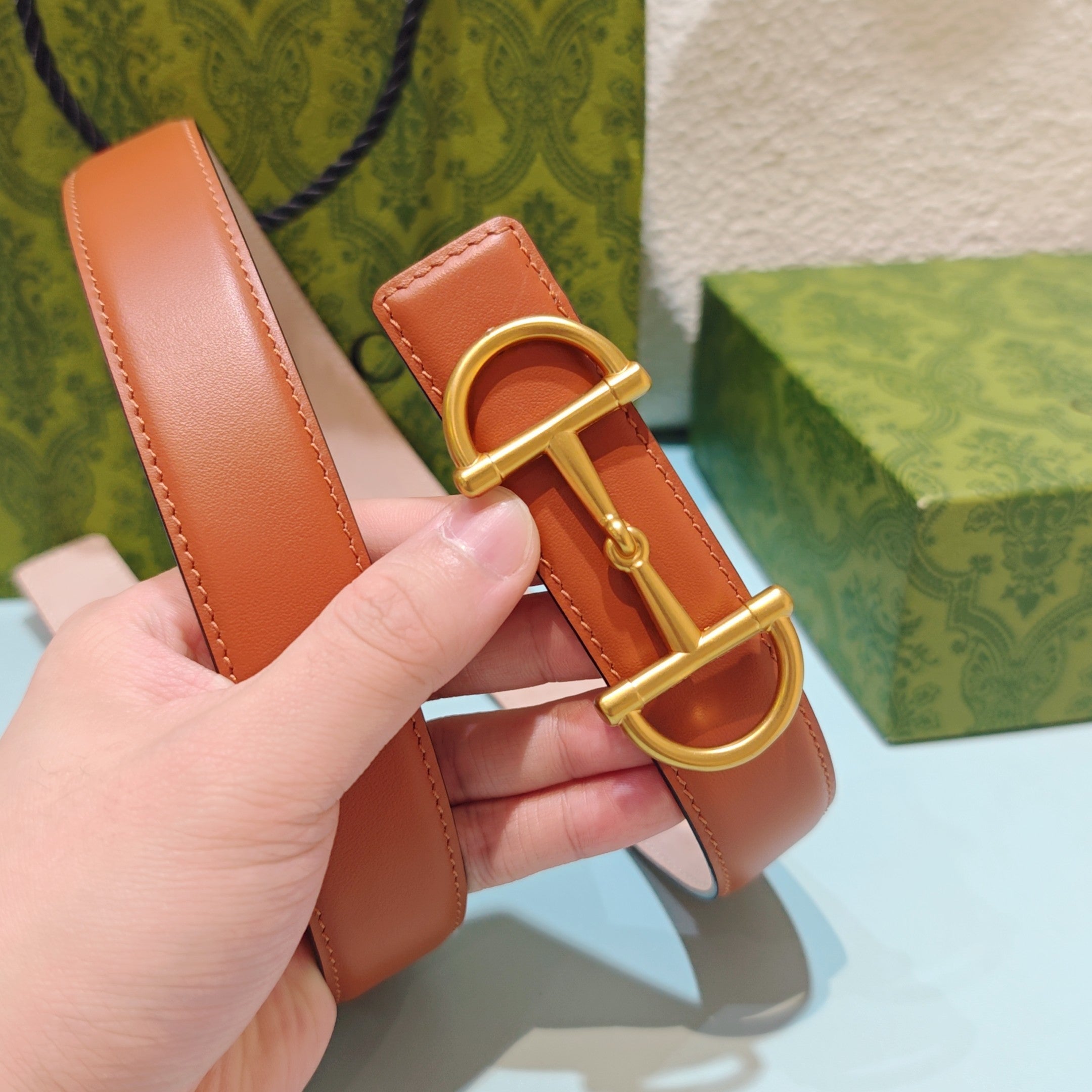 GG 3.0 Horsebit-Detailed Belt Red-Brown Gold Smooth Leather 200190