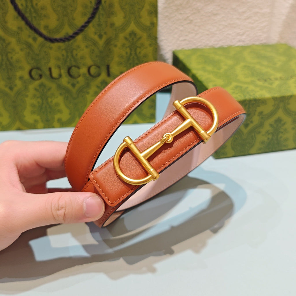 GG 3.0 Horsebit-Detailed Belt Red-Brown Gold Smooth Leather 200190