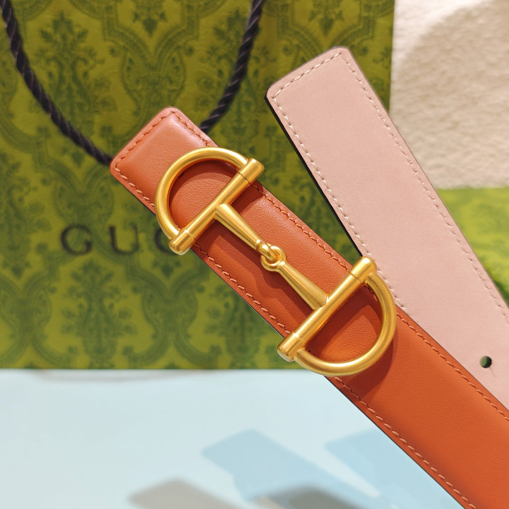 GG 3.0 Horsebit-Detailed Belt Red-Brown Gold Smooth Leather 200190