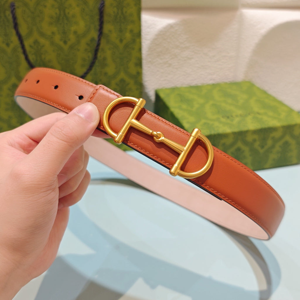 GG 3.0 Horsebit-Detailed Belt Red-Brown Gold Smooth Leather 200190