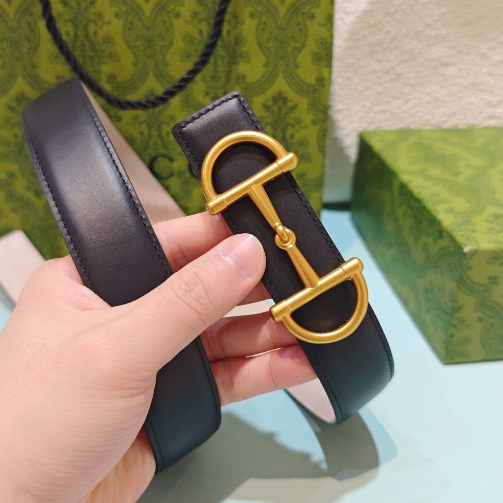 GG 3.0 Horsebit-Detailed Belt Black Gold Smooth Leather 200188