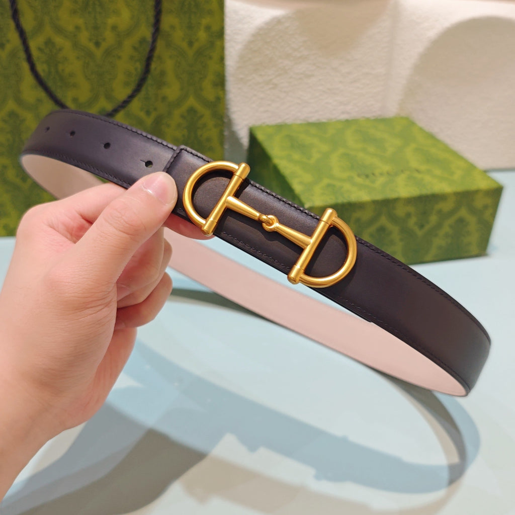 GG 3.0 Horsebit-Detailed Belt Black Gold Smooth Leather 200188
