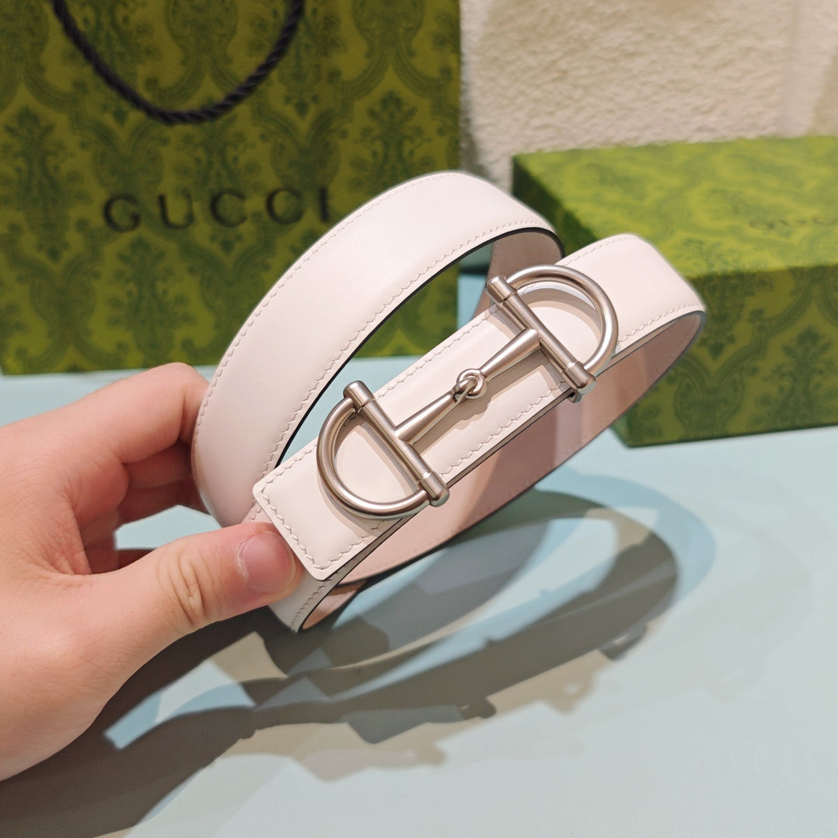 GG 3.0 Horsebit-Detailed Belt White Sliver Smooth Leather 200187