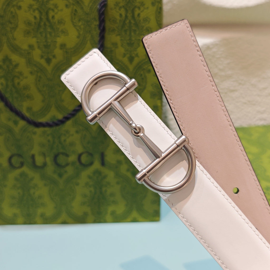 GG 3.0 Horsebit-Detailed Belt White Sliver Smooth Leather 200187