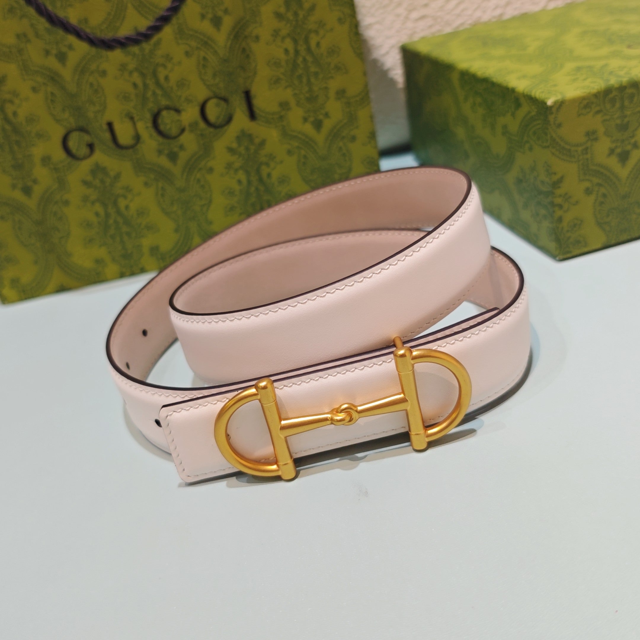 GG 3.0 Horsebit-Detailed Belt White Gold Smooth Leather 200186