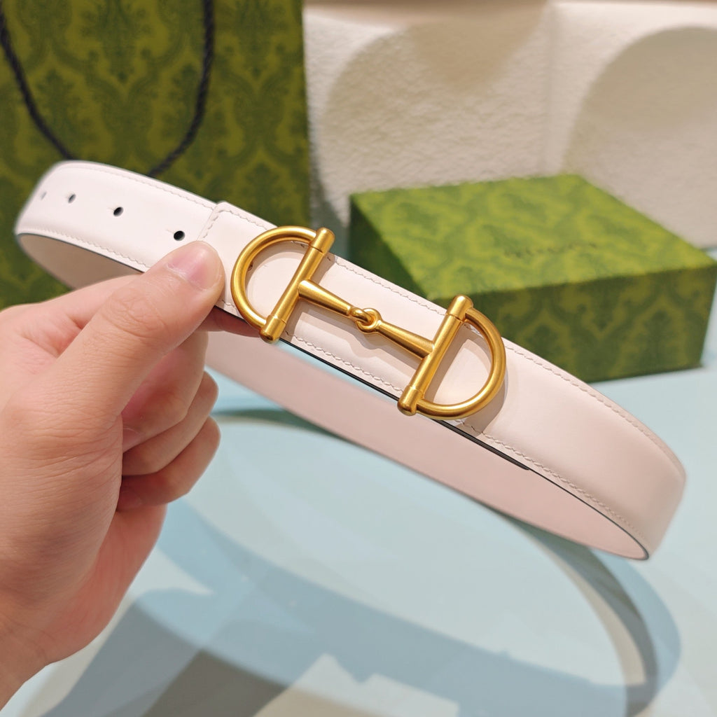GG 3.0 Horsebit-Detailed Belt White Gold Smooth Leather 200186