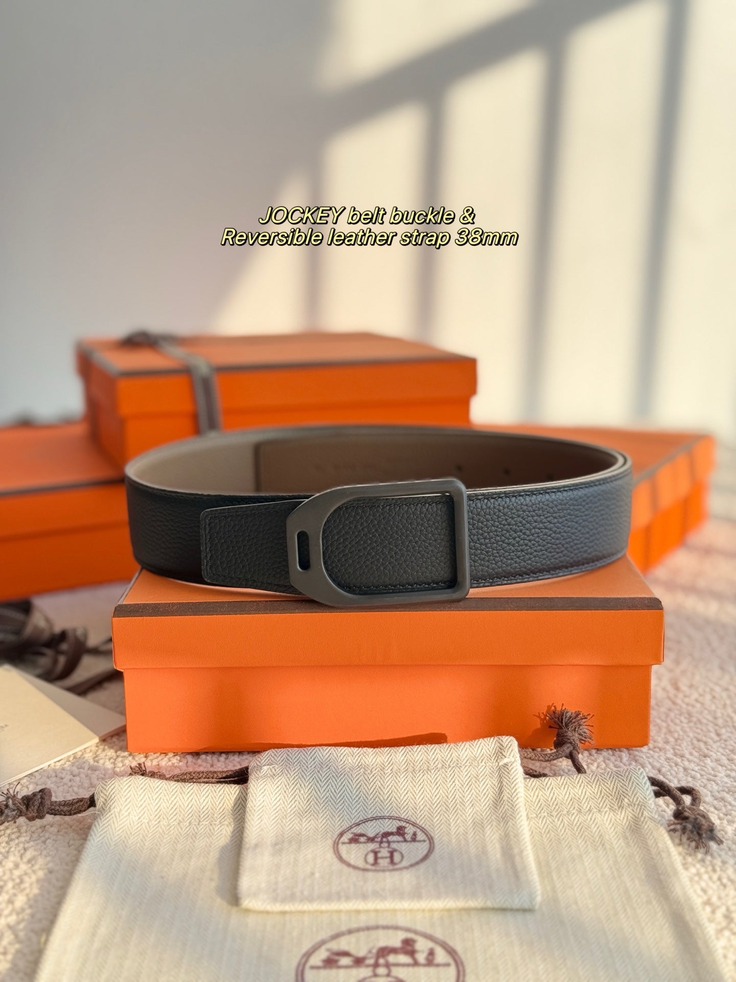 HM Jockey Buckle Belt 38mm Black Taupe Calfskin 200638