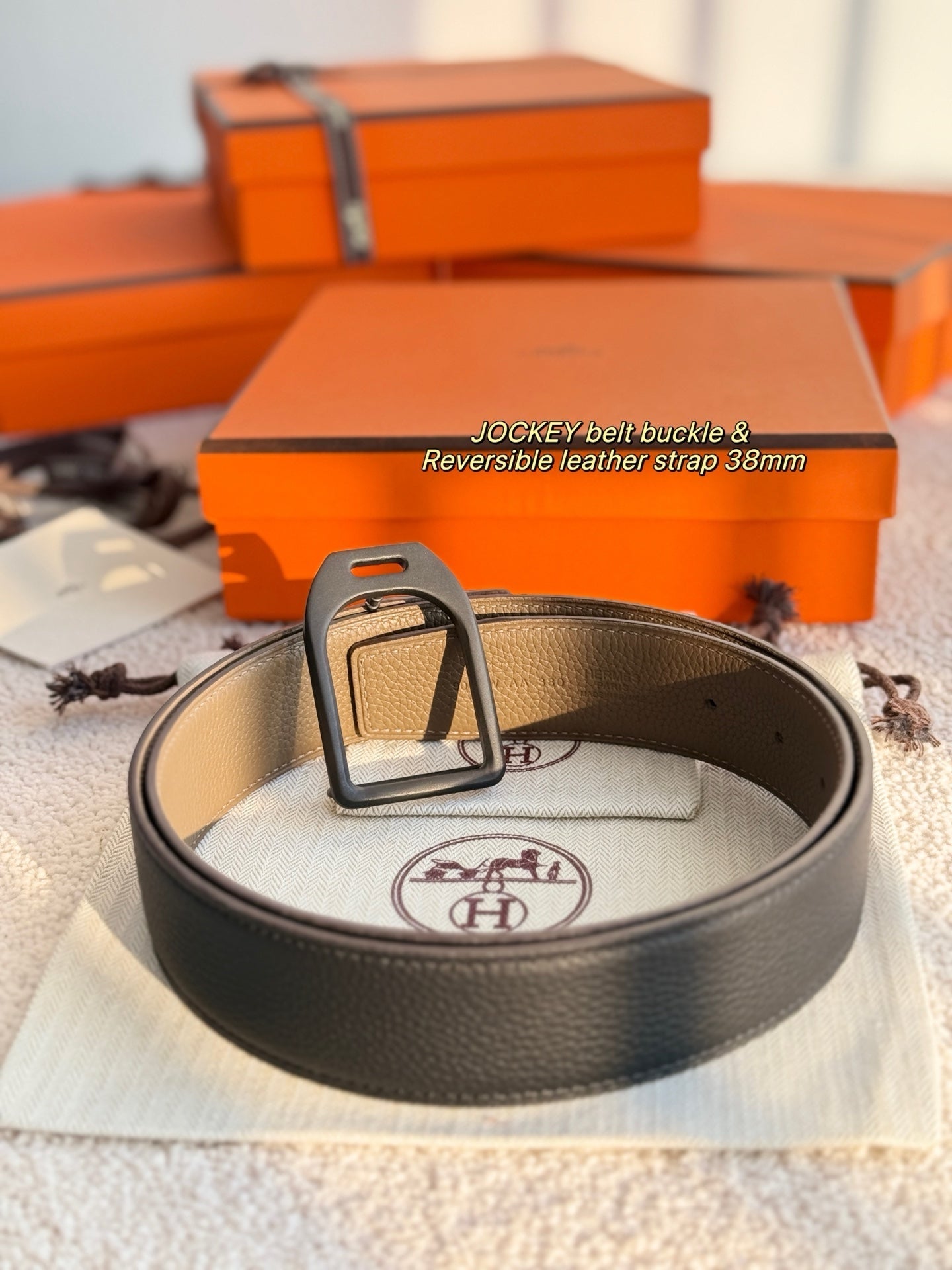 HM Jockey Buckle Belt 38mm Black Taupe Calfskin 200638