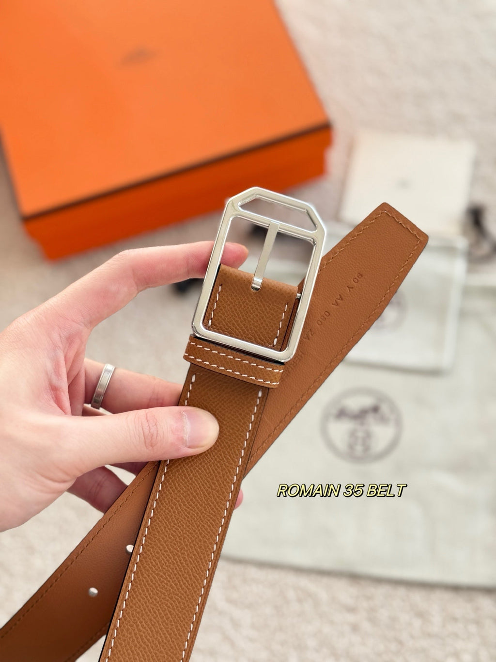 HM 35mm Romain Belt Sliver Brown Epsom Leather 200632