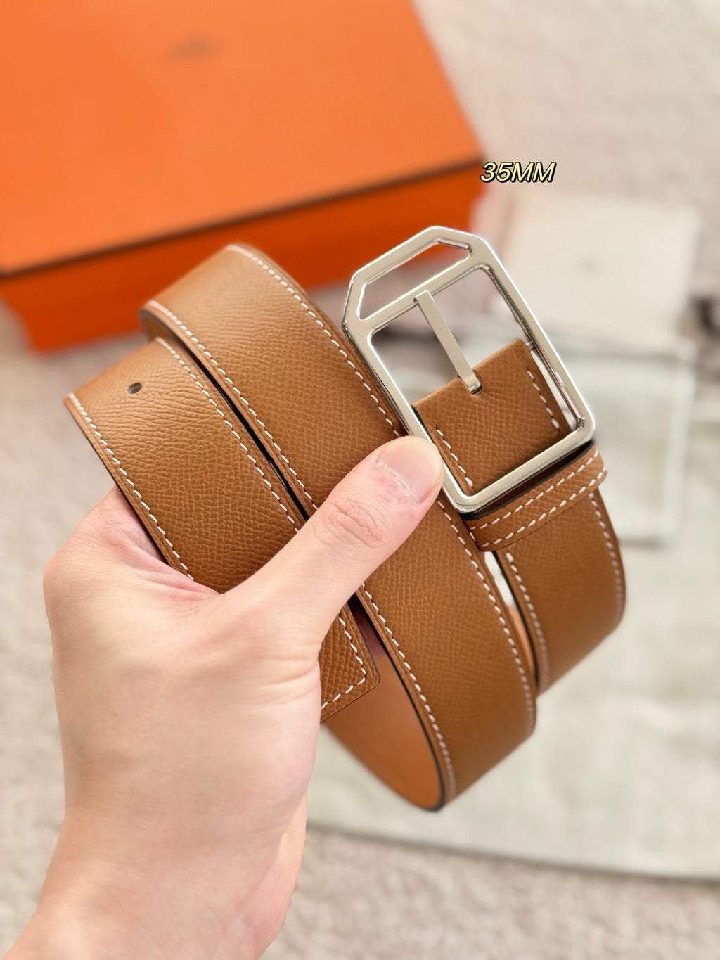 HM 35mm Romain Belt Sliver Brown Epsom Leather 200632