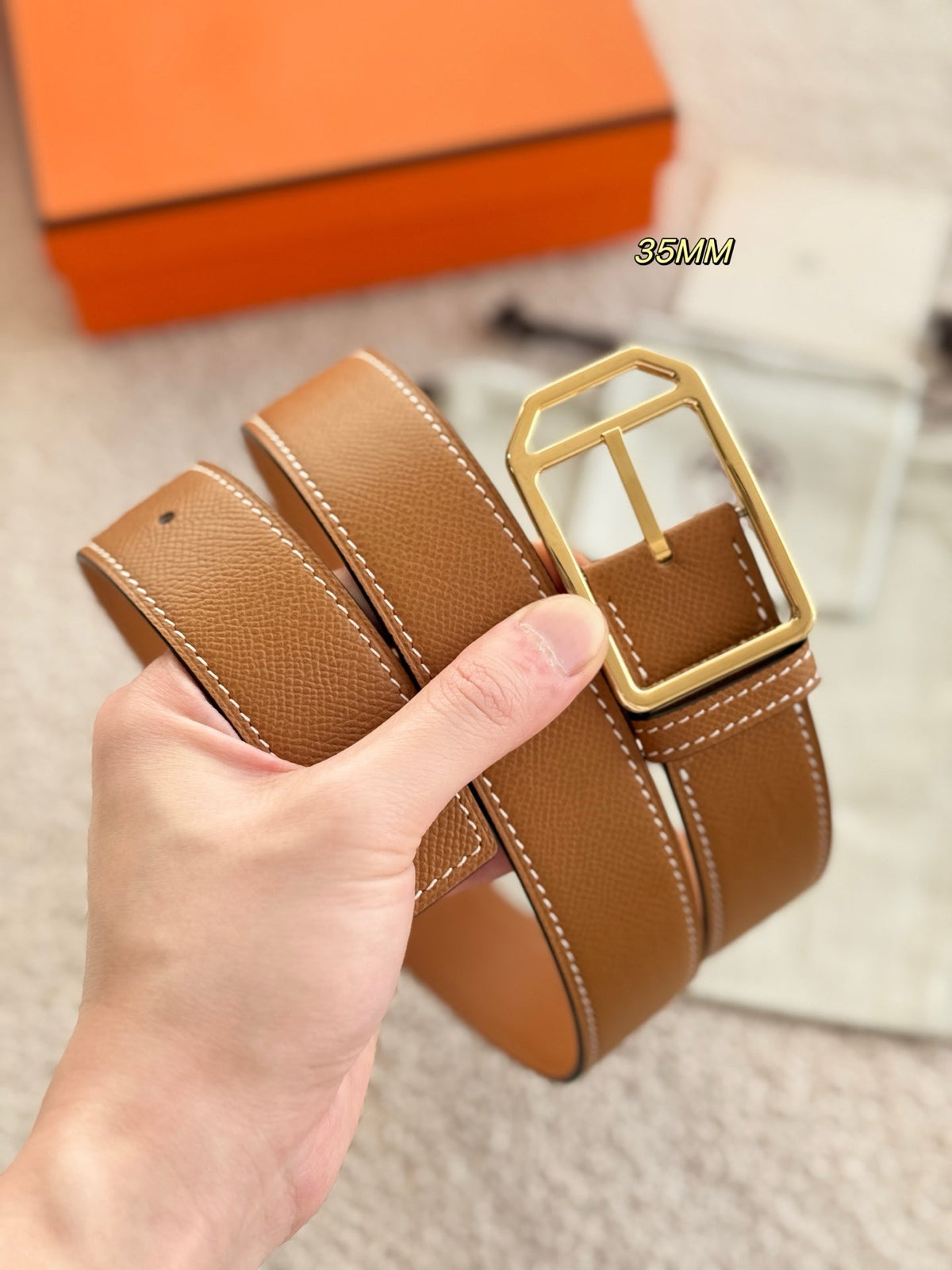 HM 35mm Romain Belt Gold Brown Epsom Leather 200631
