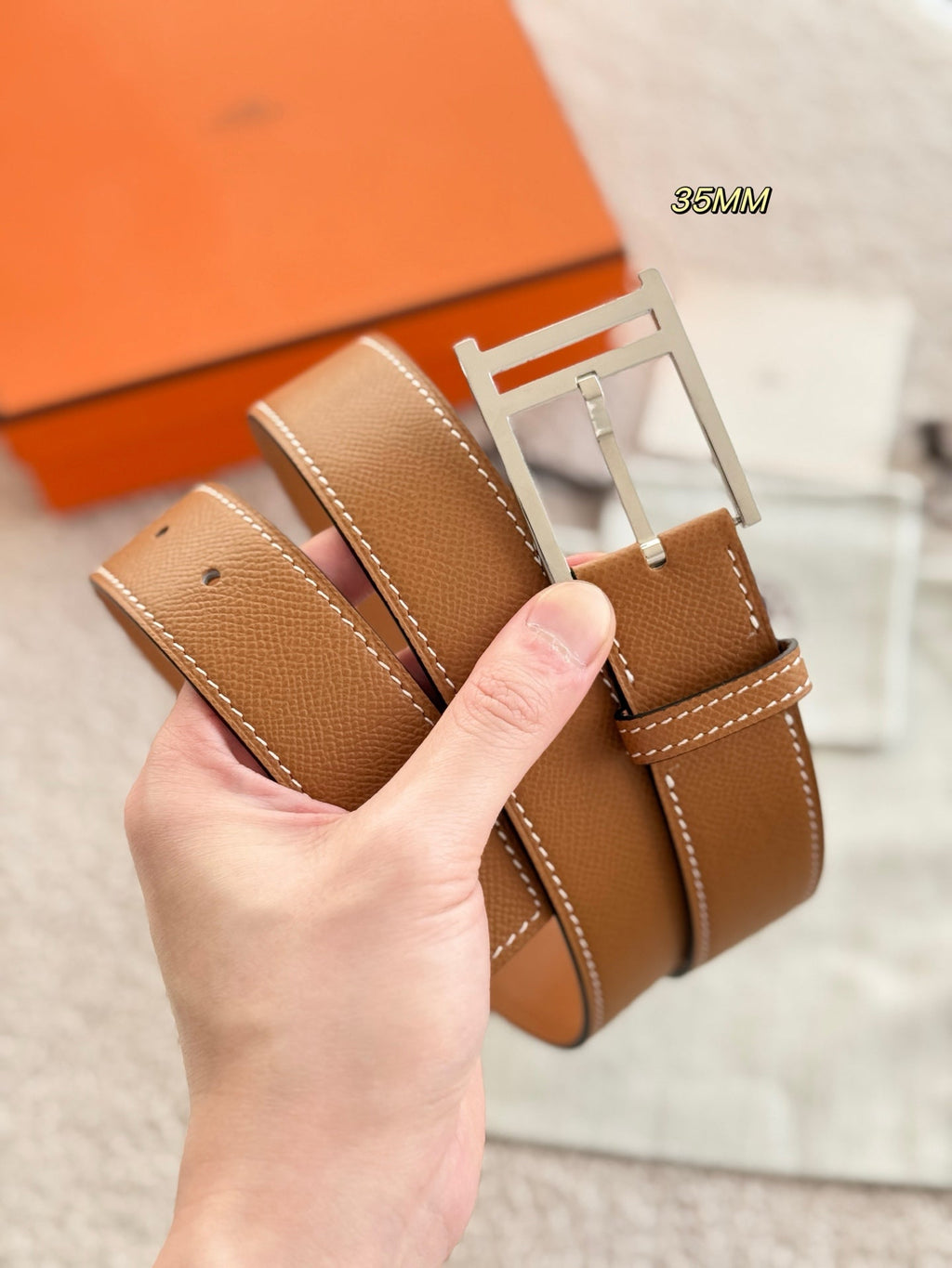 HM 35mm Romain Belt Sliver Brown Epsom Leather 200630
