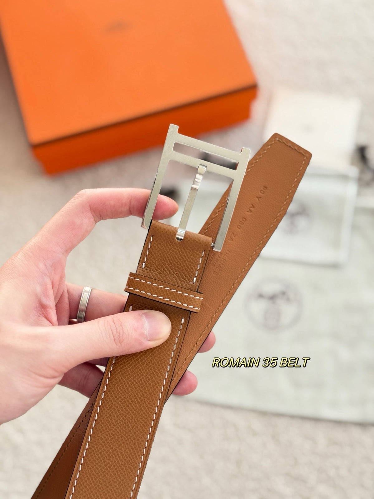 HM 35mm Romain Belt Sliver Brown Epsom Leather 200630