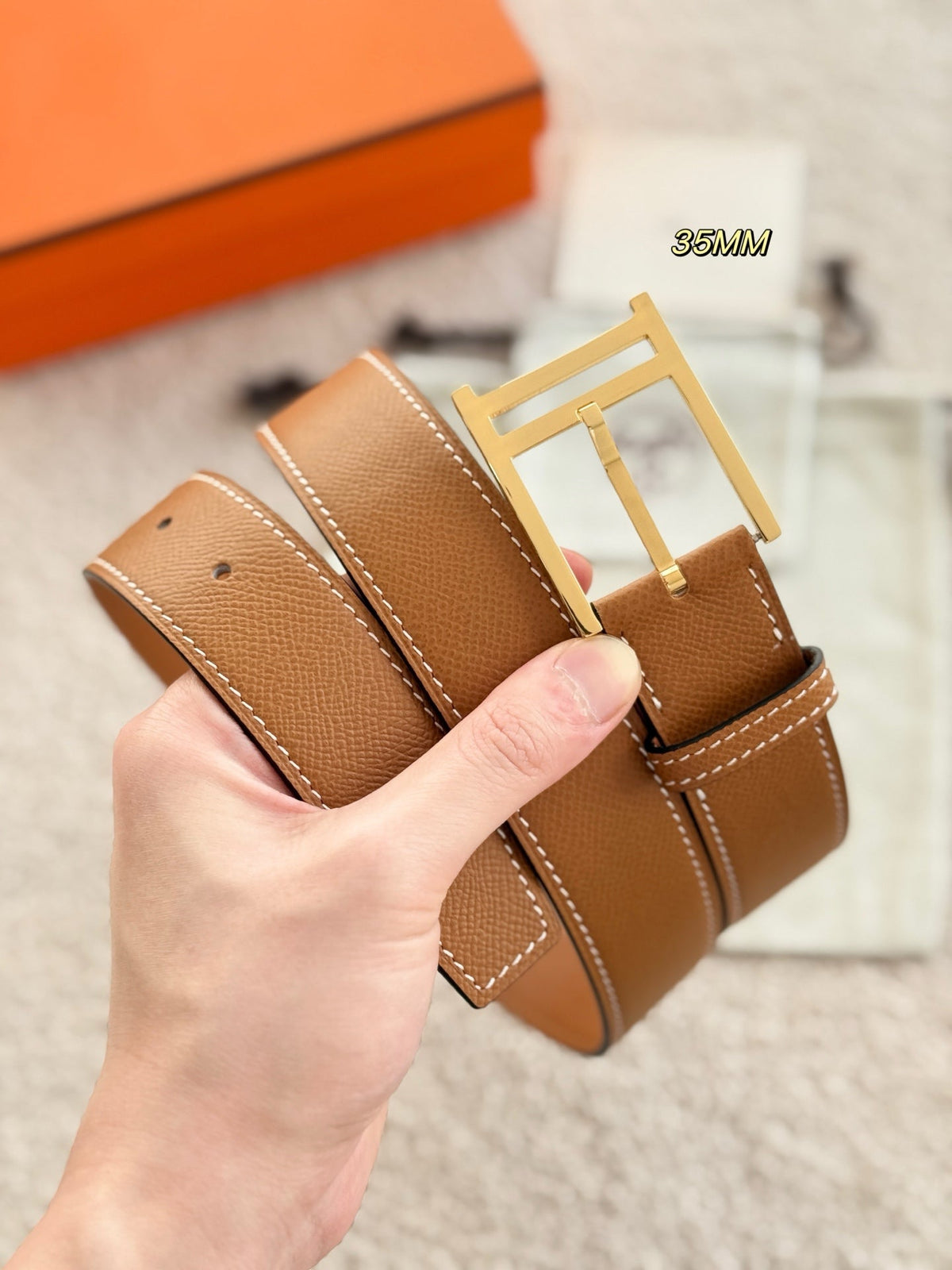 HM 35mm Romain Belt Gold Brown Epsom Leather 200629