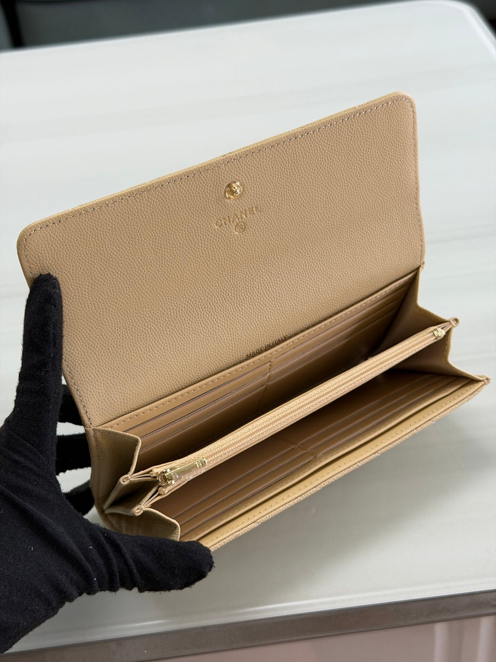 CC 26P Long Flip Wallet Beige Quited Caviar Leather