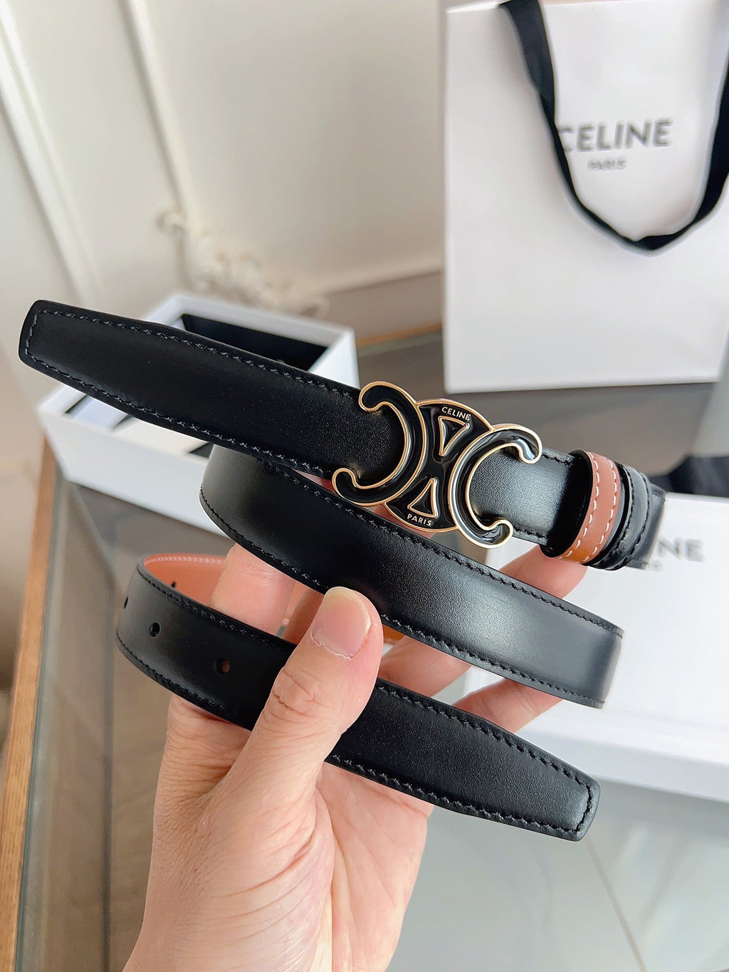 CL Black 25mm Triomphe Enamel Black Orange Cowhide 615281