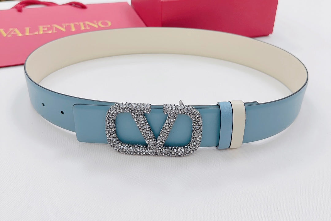 Garavani Reversible VLogo Signature Belt 40mm Blue White Leather 200694