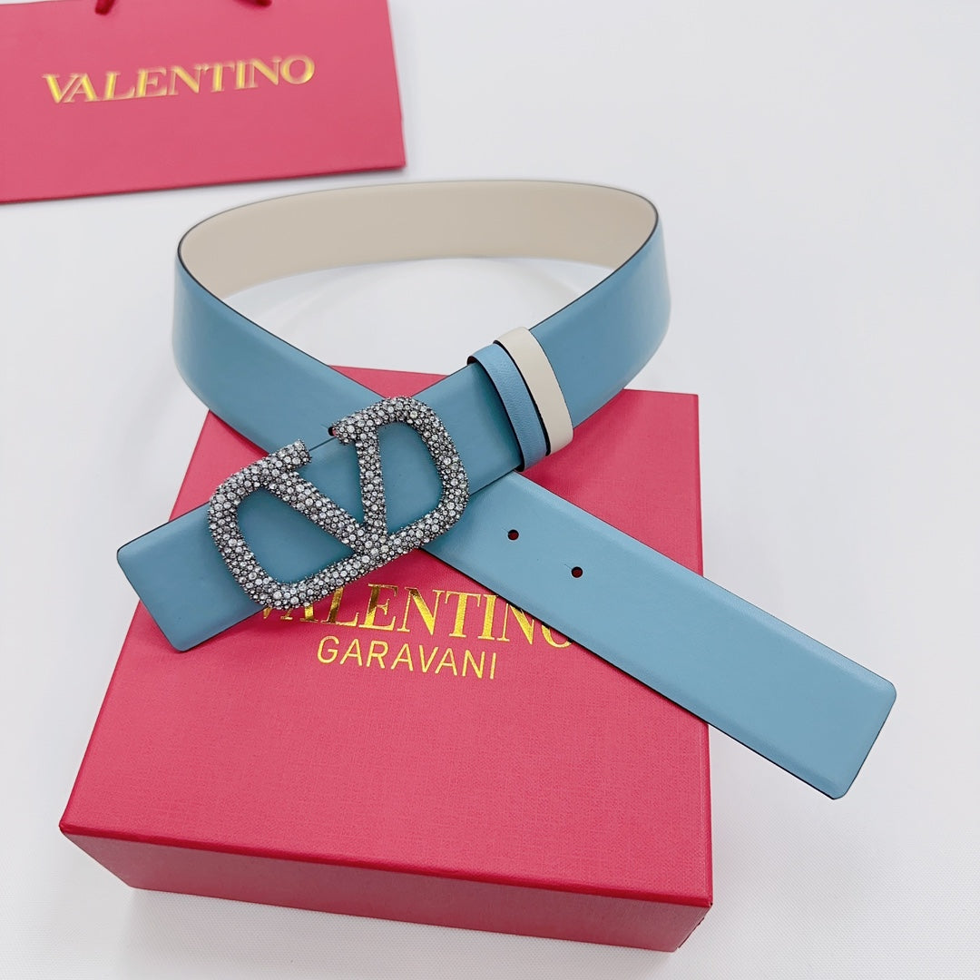 Garavani Reversible VLogo Signature Belt 40mm Blue White Leather 200694