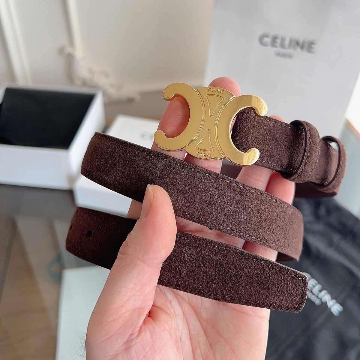 CL Gold 25mm Triomphe Brown Suede
