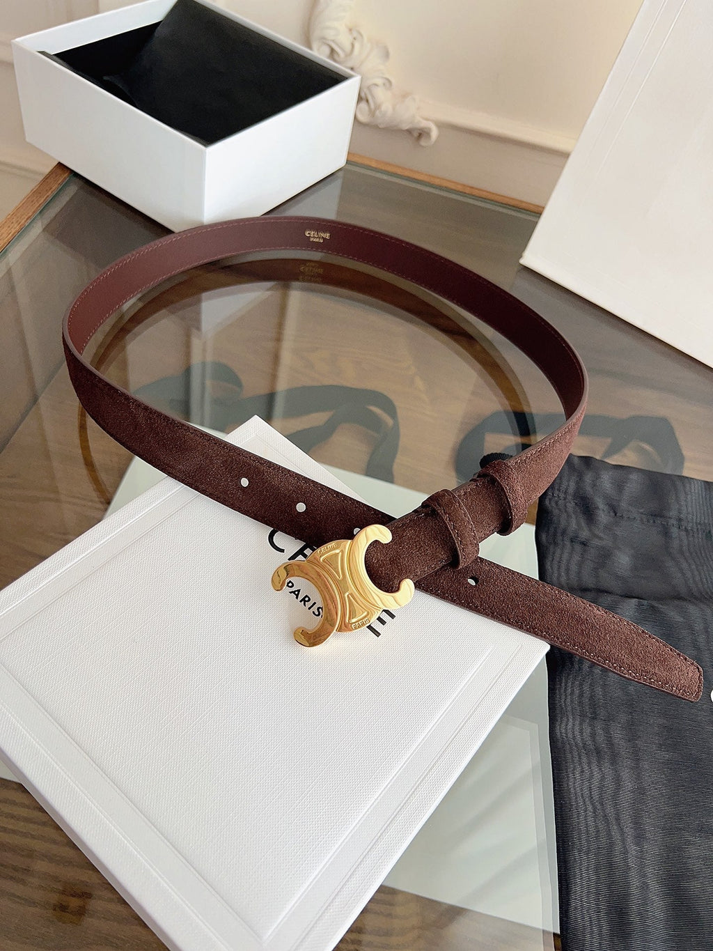 CL Gold 25mm Triomphe Brown Suede