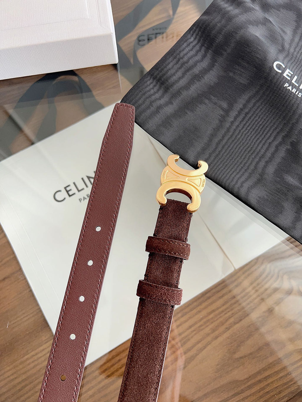 CL Gold 25mm Triomphe Brown Suede