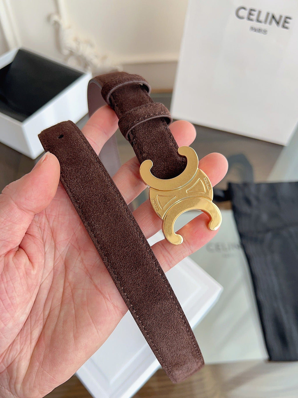 CL Gold 25mm Triomphe Brown Suede
