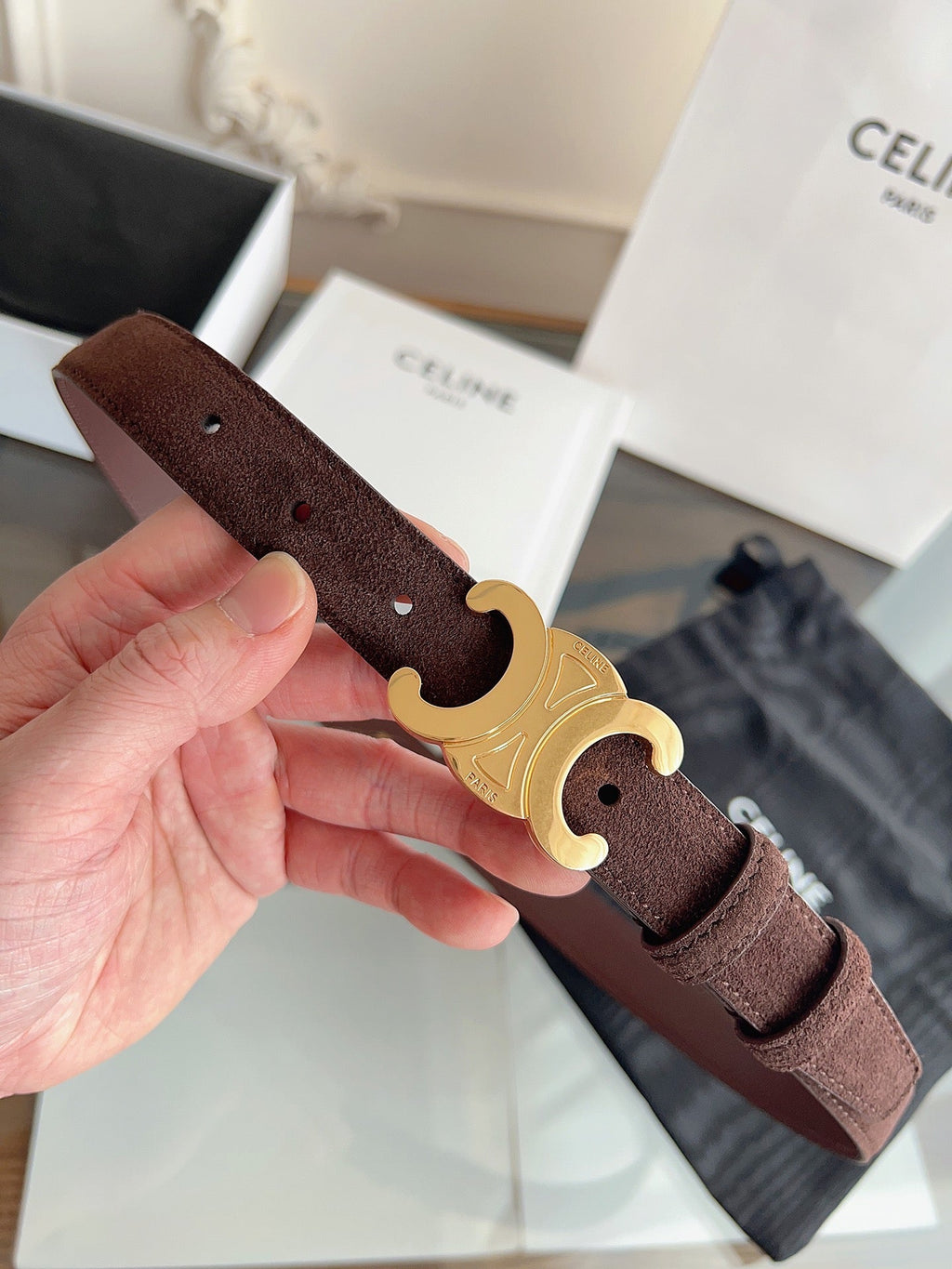 CL Gold 25mm Triomphe Brown Suede