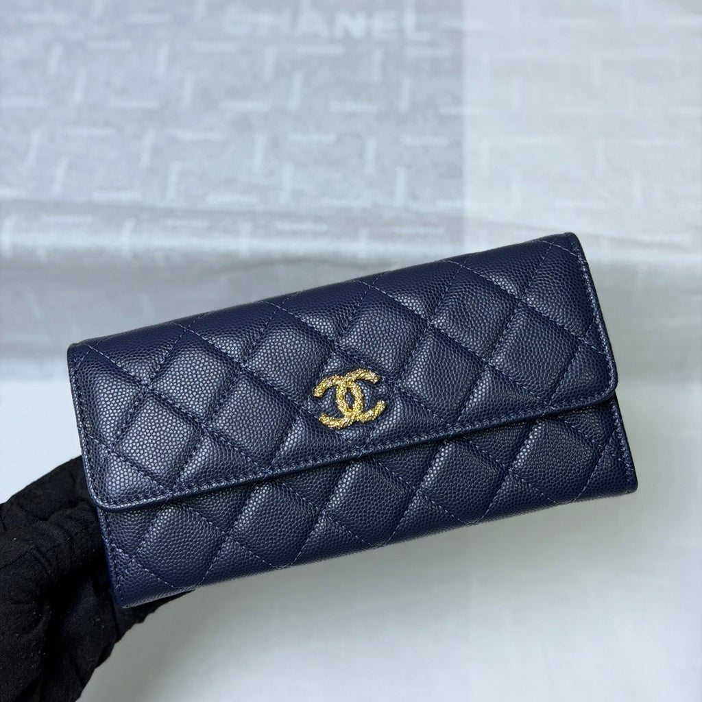 CC 26P Long Flip Wallet Navy Blue Quited Caviar Leather