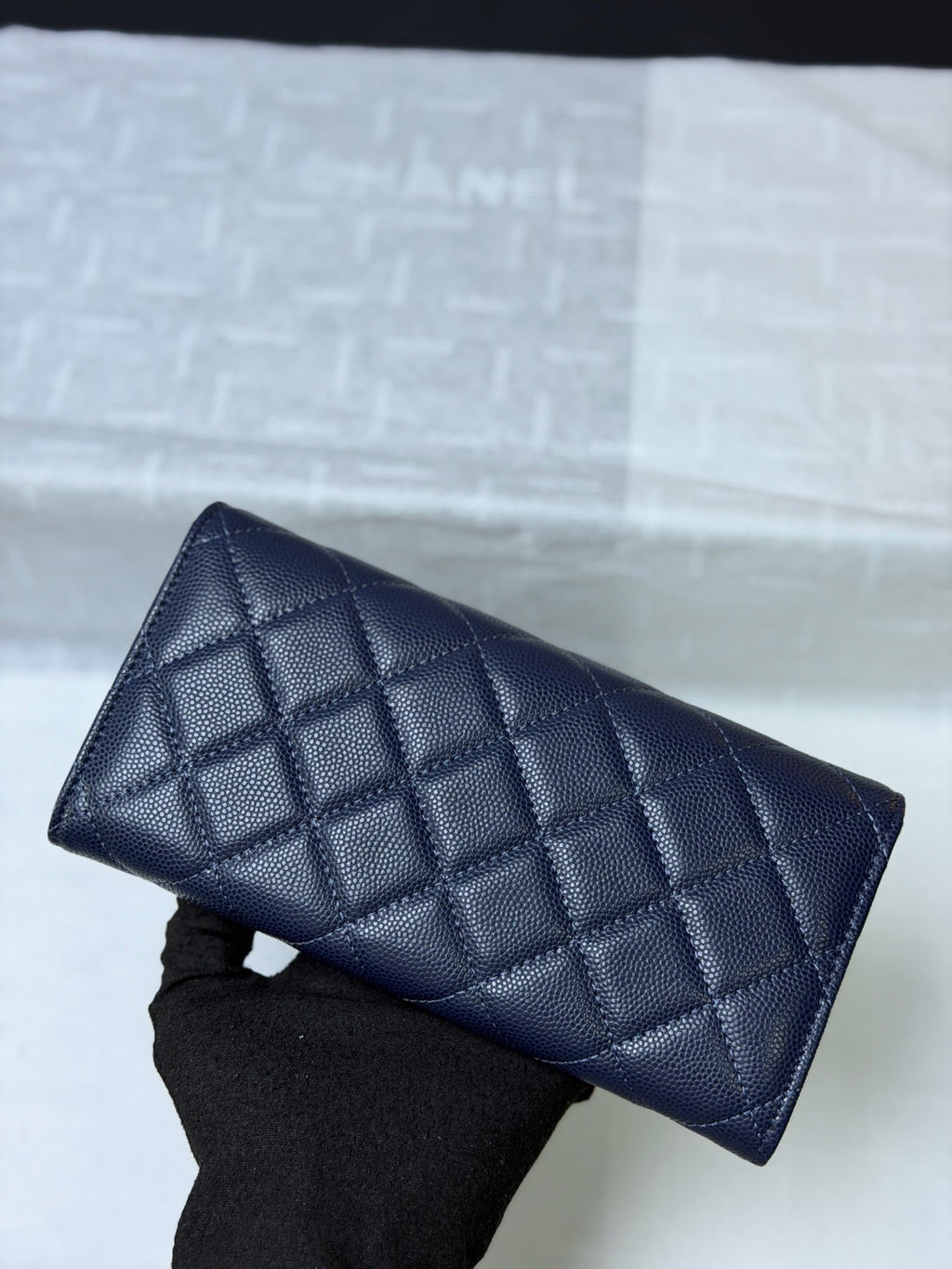 CC 26P Long Flip Wallet Navy Blue Quited Caviar Leather