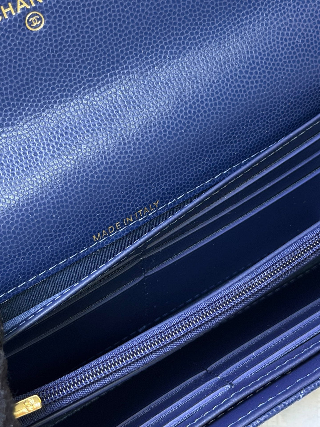 CC 26P Long Flip Wallet Navy Blue Quited Caviar Leather