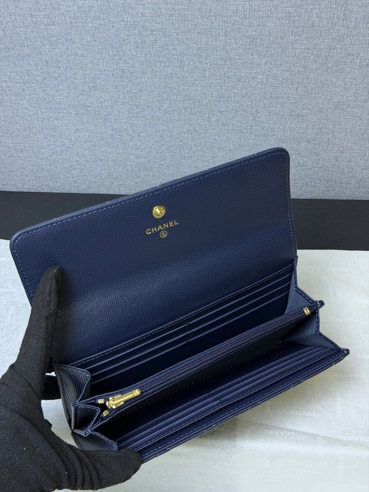CC 26P Long Flip Wallet Navy Blue Quited Caviar Leather