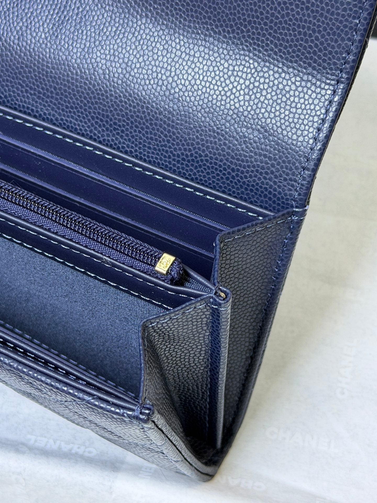 CC 26P Long Flip Wallet Navy Blue Quited Caviar Leather