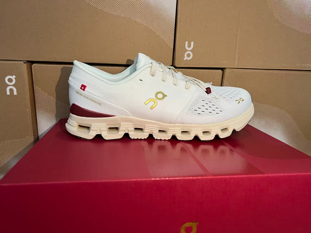 On Cloud X 4 Men's Running Shoes White Gold Maroon Breathable Lightweight Athletic Sneakers