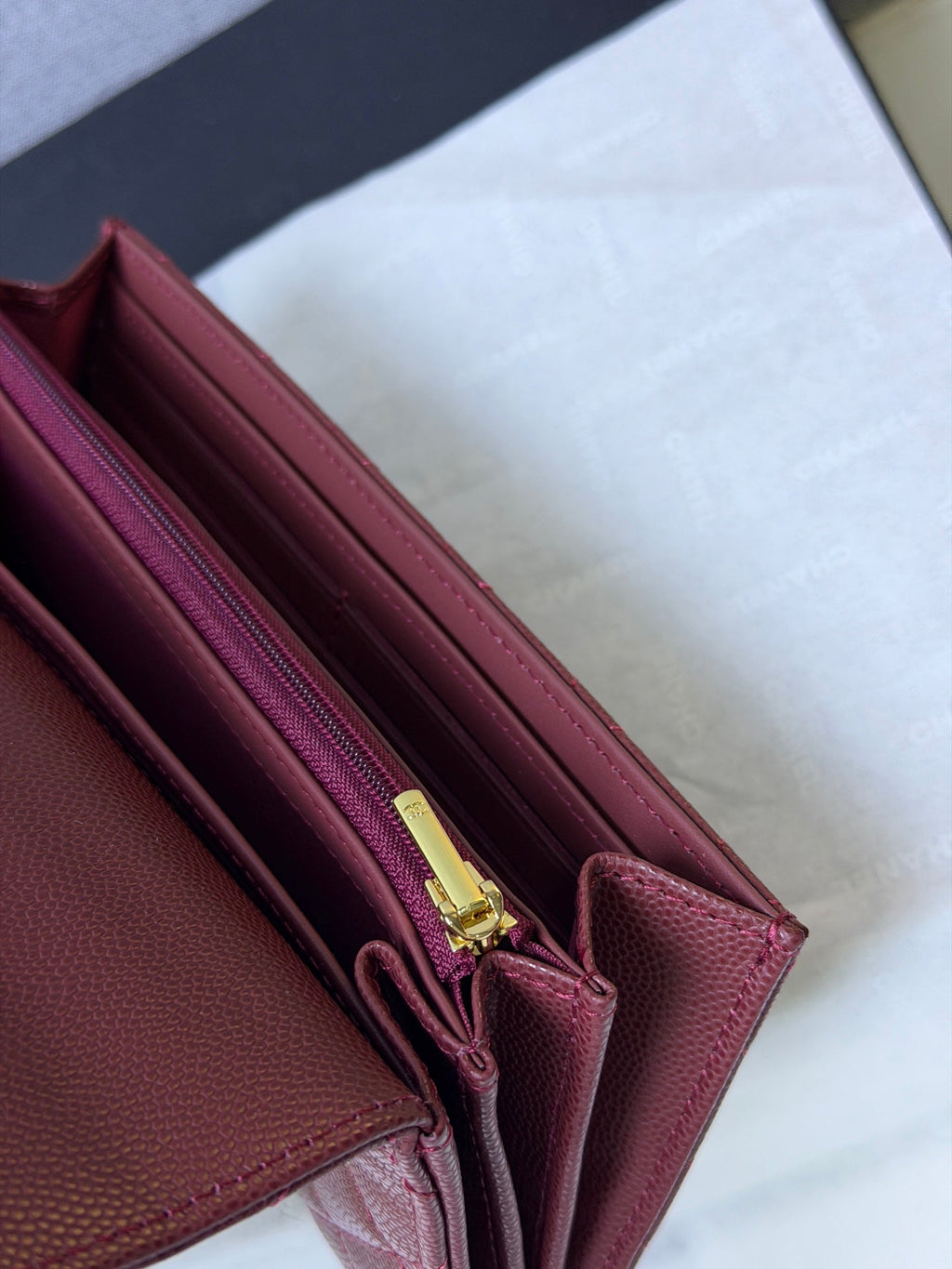 CC 26P Long Flip Wallet Burgundy Quited Caviar Leather