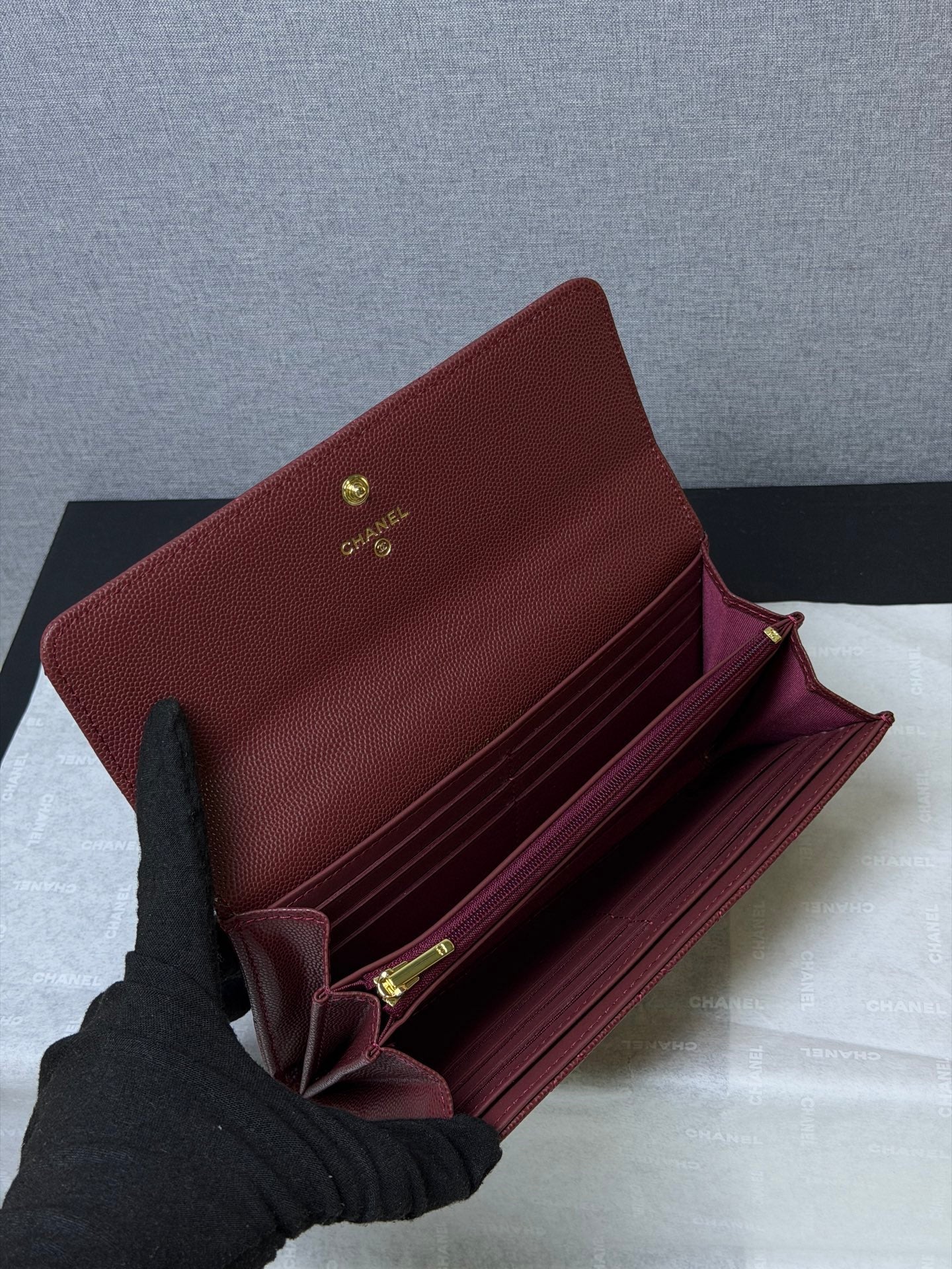 CC 26P Long Flip Wallet Burgundy Quited Caviar Leather